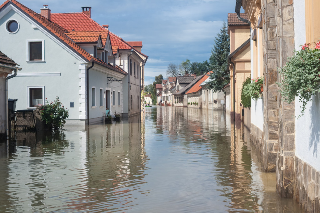 Houses in a flooded village.